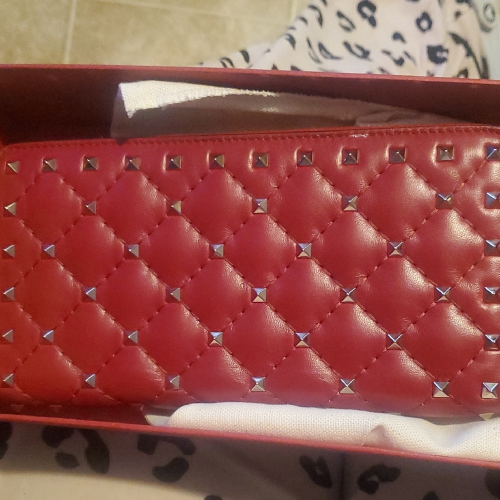 Valentino Garavani Red Quilted Studded Clutch